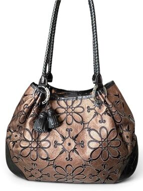 Brighton Valencia Metallic Bronze & Black Embroidered Leather Satchel Bag